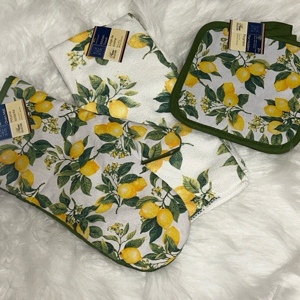 Home Collection 4pc Lemon Kitchen Set Oven Mitt Pot Holders Towel Yellow Green